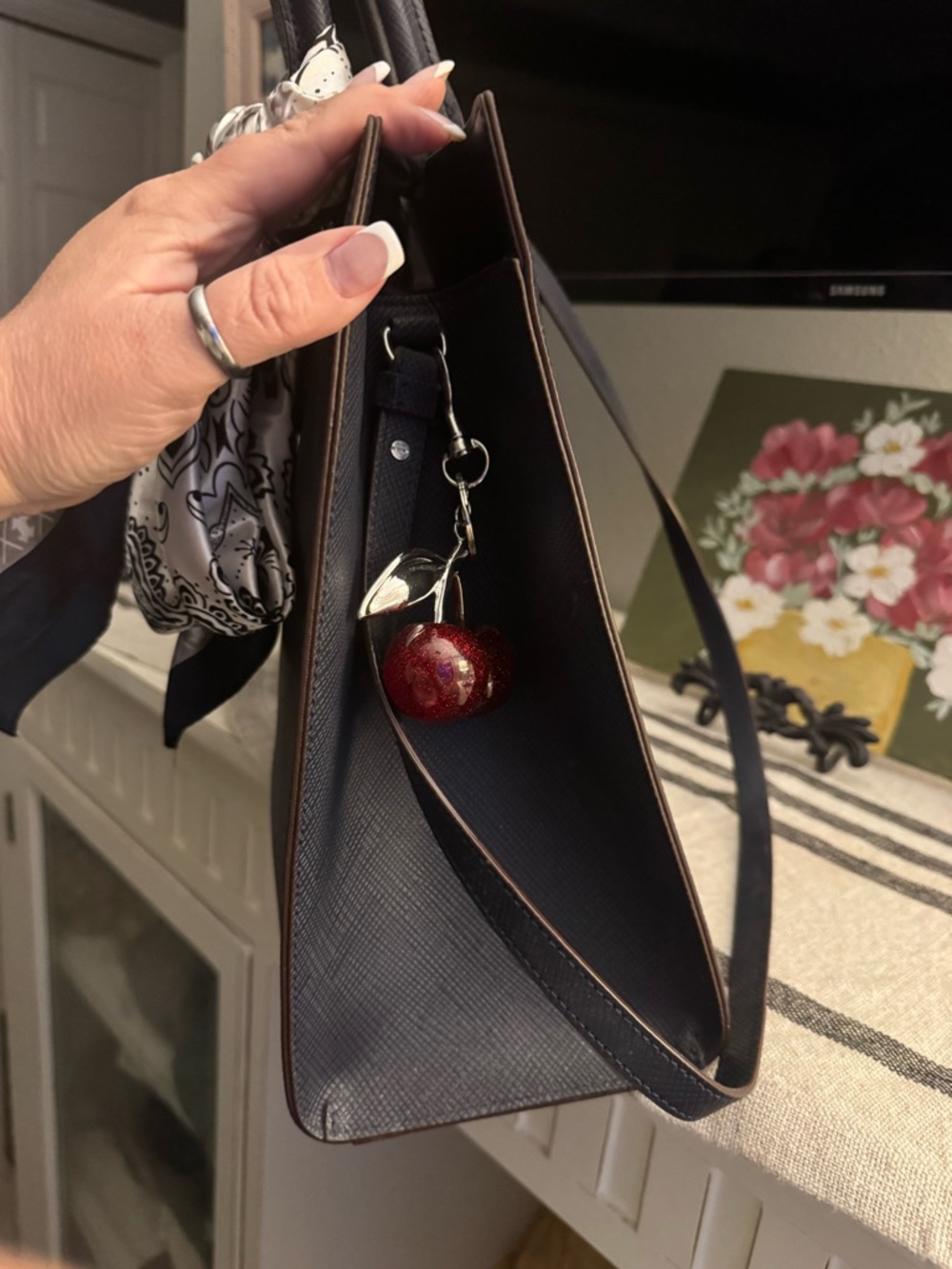 Ralph Lauren Navy Blue Leather Satchel with Silver Hardware. Comes with scarf - Picture 9 of 10